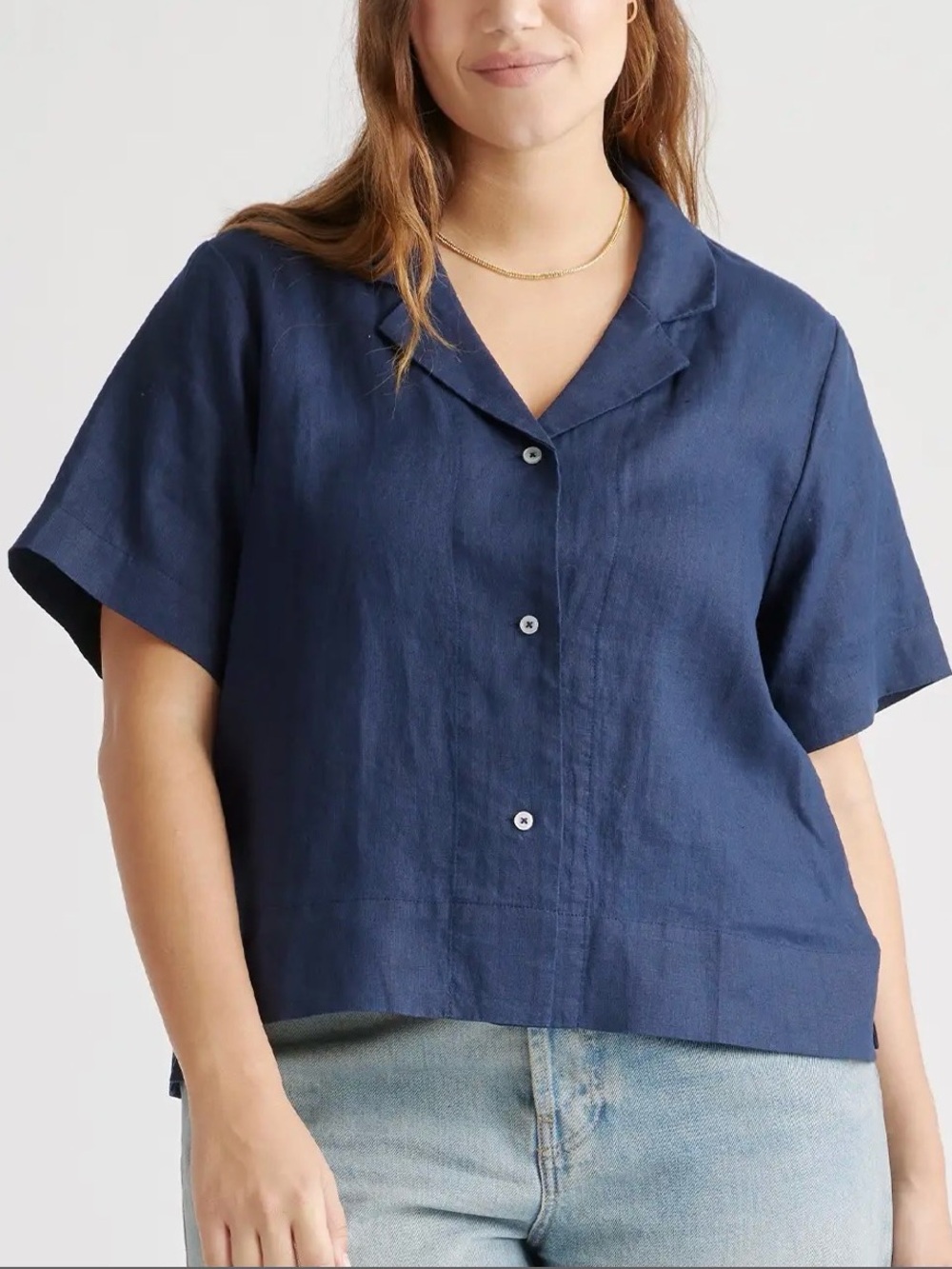 QUINCE 100% European Linen Short Sleeve Shirt Deep Navy Women’s Sz L